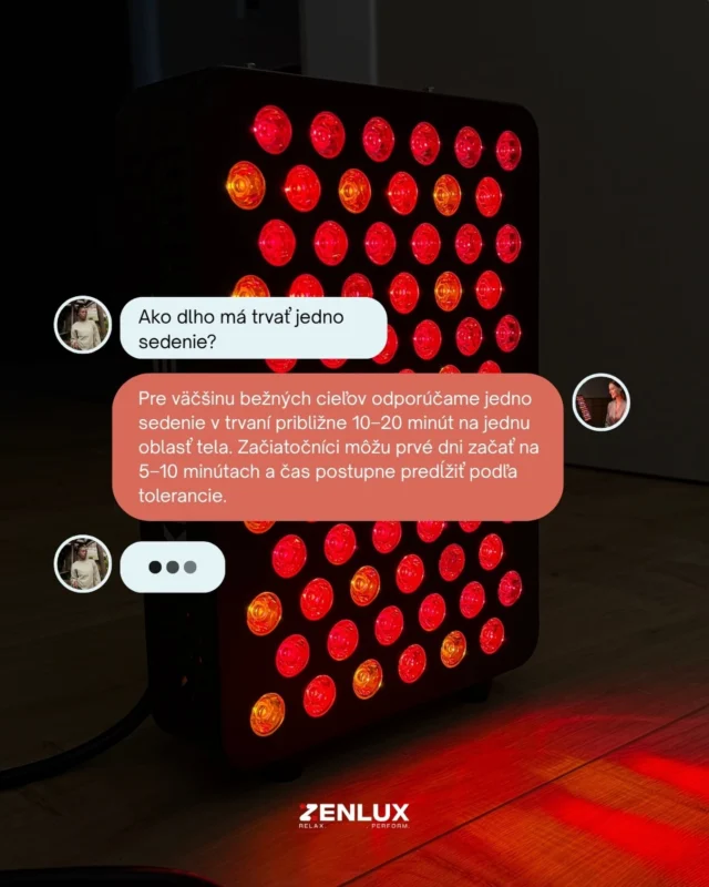💬 Odpovedáme na vašu najčastejšiu otázku! Ako dlho by malo trvať jedno sedenie so Zenlux panelom?

Pre dosiahnutie najlepších výsledkov a pre väčšinu bežných cieľov odporúčame jedno sedenie v trvaní 10–20 minút na jednu cieľovú oblasť tela. ⏱️

🆕 Začínate? Prvé dni odporúčame začať na 5-10 minútach a postupne čas predlžovať podľa vlastnej tolerancie a pocitov. Pamätajte, že každý organizmus je jedinečný.

Terapia červeným svetlom je o konzistentnosti, nie o dĺžke jedného sedenia. Zaraďte ju do svojej každodennej rutiny a pocítite rozdiel. ✨

Viac o správnom používaní sa dozviete na našom webe 👇
www.zenlux.sk

#zenlux #zenluxtherapy #redlight #cervenesvetlo #terapiasvetlom